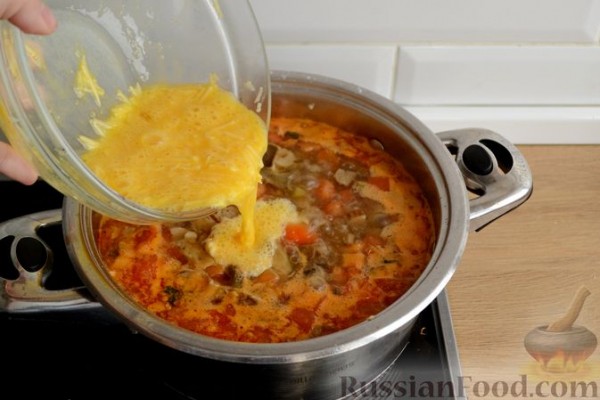 Грибной суп с томатами, яйцами, сыром и хлебом